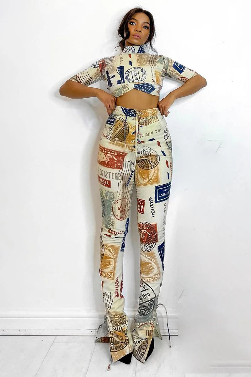US Mail Stamp Design Women's Streetwear 2-Piece Set w/ Crop Top & Flared Pants to 3X Plus Size