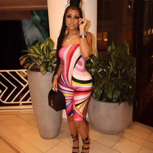 Rainbow Swirl Striped Colorblock Print Sleeveless Women's Tube Top Capri Pants Romper