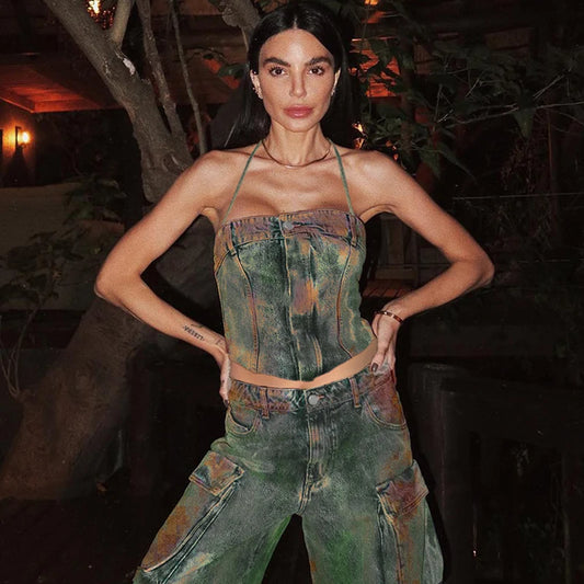 Tie-Dye Washed Denim Cropped Tank Top + Cargo Multi-Pocket Loose Streetwear Jeans OR Skirt/ Women's 2-Piece Sets