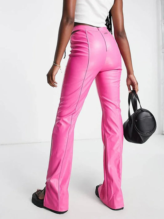 PU Leather Pleated Hollow-Out High Slit Women's Low Waist Solid Color Pants to 4X Plus Size