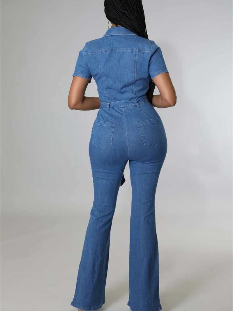 Vintage Blue Denim Short Sleeve Button-Up Bootcut Flared Pant Overall Women's Jean Jumpsuit