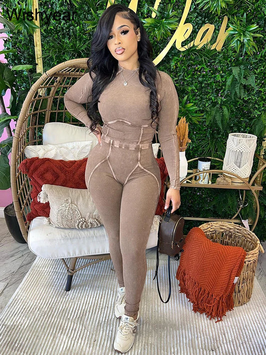 Fitness Knitted Ribbed O-Neck Streetwear Women's Long Sleeve Crop Top + Skinny Leggings Two 2-Piece Sets