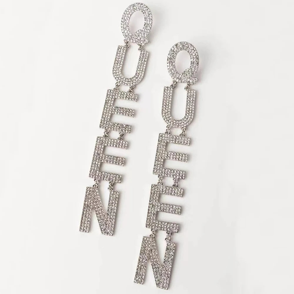 Oversized "Queen" Long Geometric Rhinestone Letter Print Drop Earrings