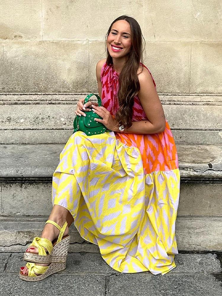 Geometric Colorblock Patchwork Printed Round Neck Sleeveless Big Swing Maxi Dress