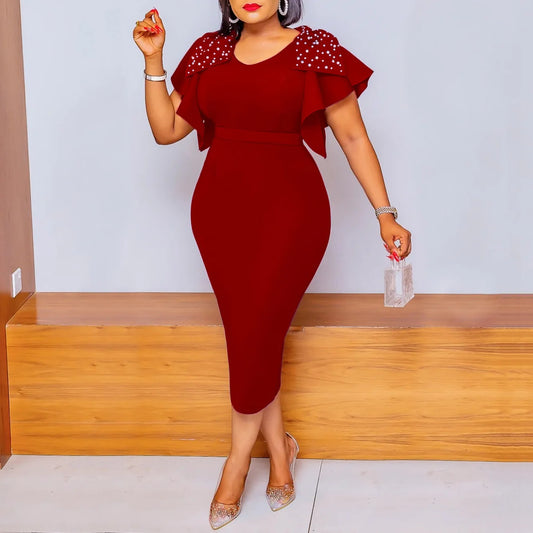 Irregular Short Butterfly Sleeve Ruffled Pearl Beaded V-Neck Back Slit Midi Formal Party Dress to 3X Plus Size