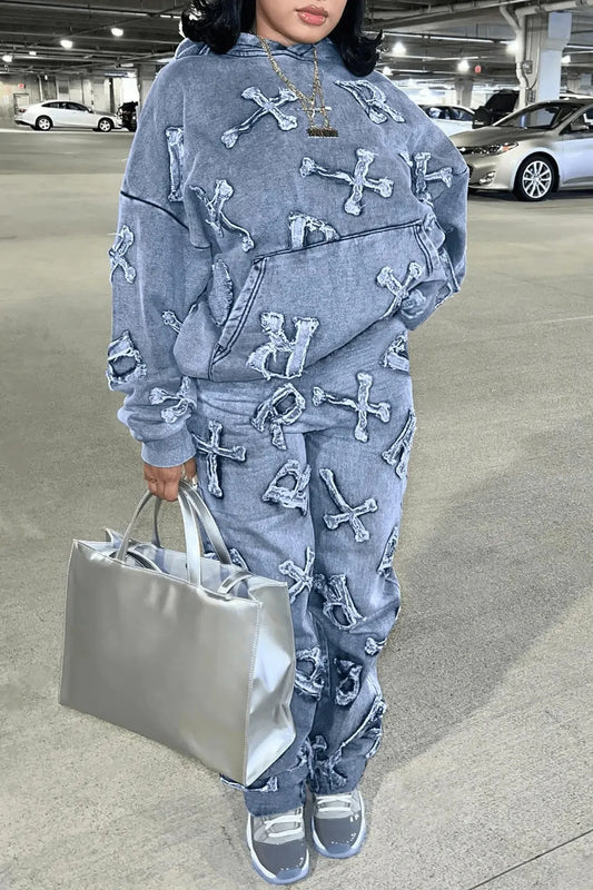 Faded Hip-Hop Cross Embroidered Design Women's Long Sleeve Hoodie Sweatshirt + Cargo Sweatpants Tracksuit