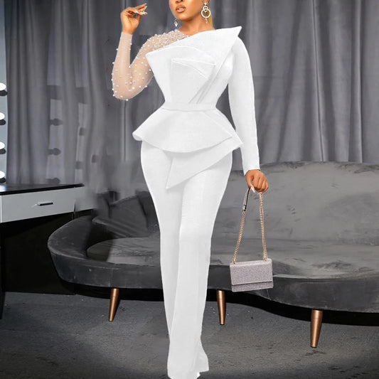 Pearl Embellished Round Neck Transparent Sheer Long Sleeve Solid Color High Waist Formal Party Jumpsuit to 3X Plus Size