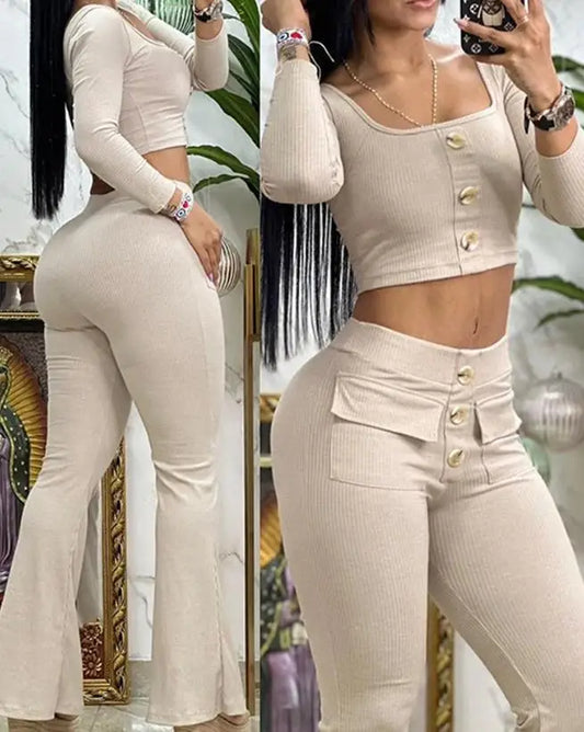 Button-Up Square Neck Women's Long Sleeve Crop Top & Cargo Pocket Design High Waist Flared Pants 2-Piece Set