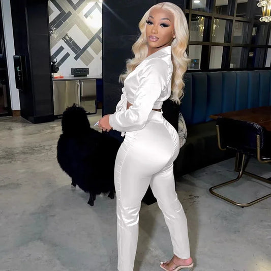 Satin Long Sleeve Lace-Up Cropped Turn-Down Collar Blouse + Solid Color Skinny Pants Women's 2-Piece Set