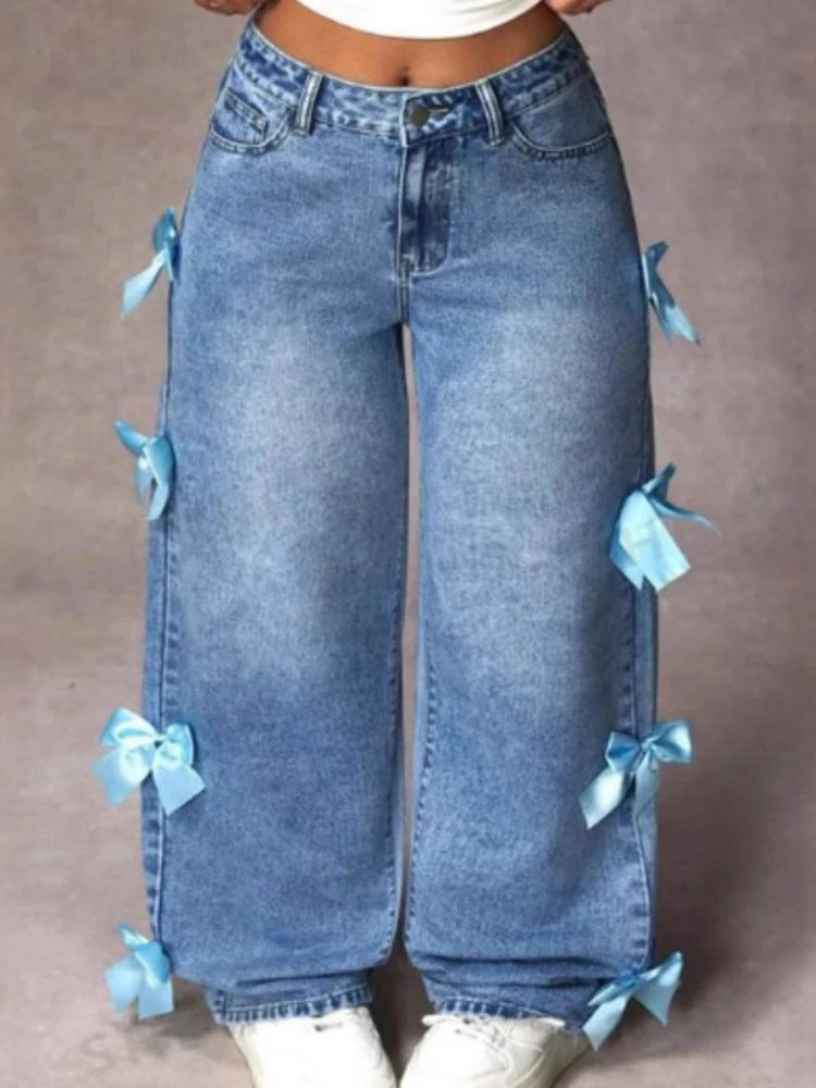 Pink/Blue Bowknot Decor Distressed Washed Light Blue Denim Women's Baggy Aesthetic Jeans