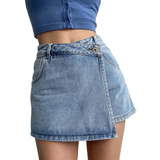 Denim Faded Blue Washed Low Waist Double Layer Jean Skort to 5X Plus Size