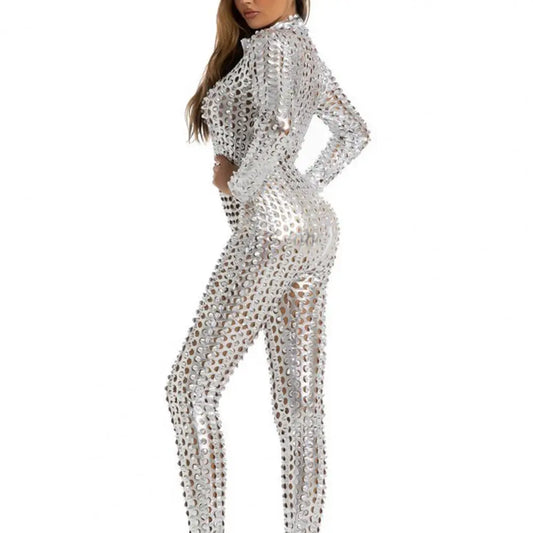 Metallic Faux Leather Women's Hollow-Out Hole Pattern Skinny Long Sleeve Zipper Jumpsuit to 3X Plus Size