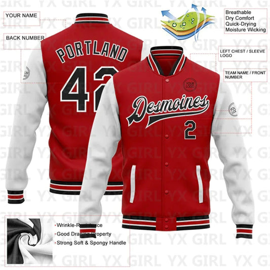 Customized Unisex Red Black-White Personalized Name Letter Print/Team Name 3D Print Full-Snap Varsity Letterman's 2-Tone Baseball Button-Up Bomber Jacket
