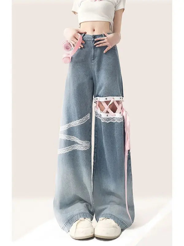 Faded Denim Pink Satin Strap Criss-Cross Lace Design Wide Leg Baggy Women's Streetwear Cargo Jeans
