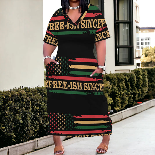 Juneteenth Flag African Colored Striped Short Sleeve Maxi Dress to 6X Plus Size