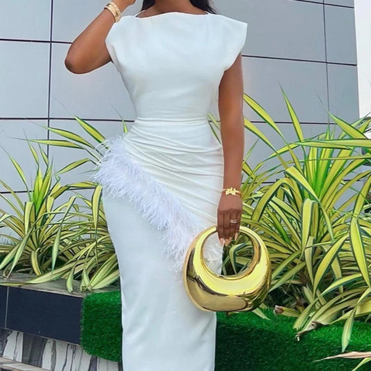 Faux Fur Tassel Detail Bodycon Women Prom/Party Midi Short Sleeve Formal Dress