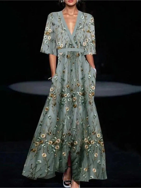 Big Flower Print Print Deep V-Neck Temperament Commuter Short Sleeve Flared Maxi Dress