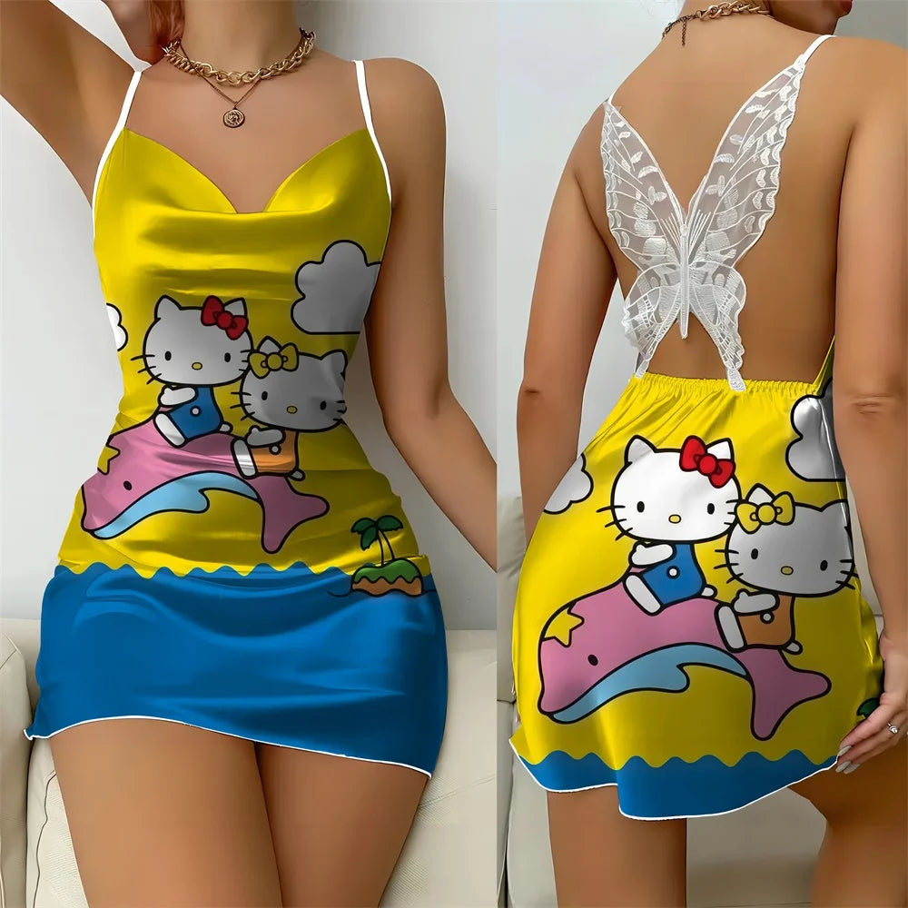 "Hello Kitty" Back Butterfly Cut-Out Design Lace Women's Sleepwear Dress