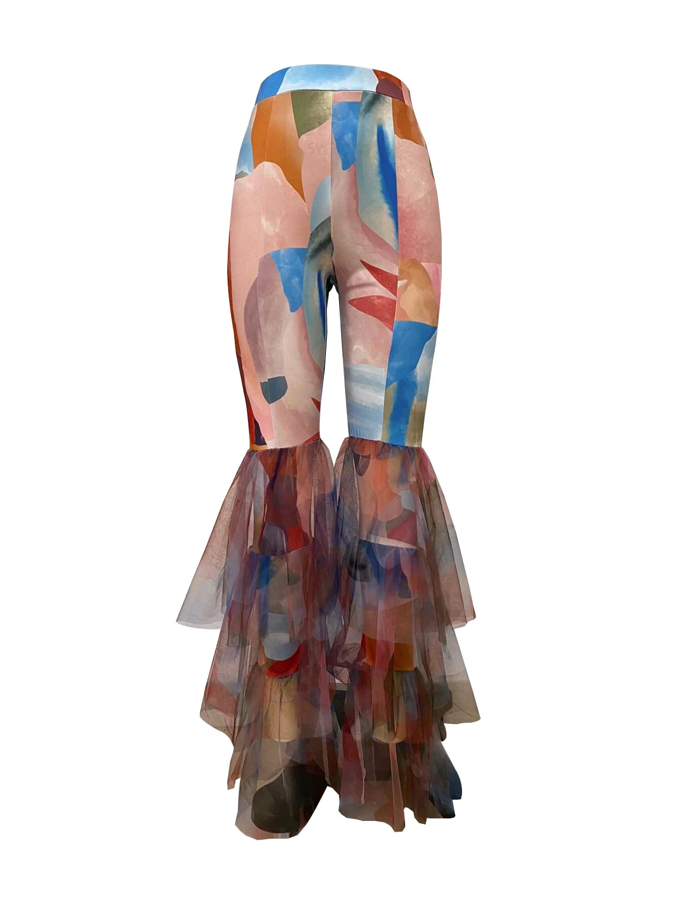 Vintage Geometric Colorblock Ruffled Mesh Patchwork Printed Flared Women's Disco Pants