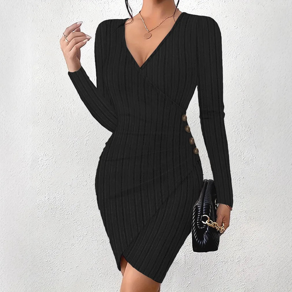 Ribbed V-Neck Wrapped Hip Solid Color Button Design Long Sleeve Midi Dress