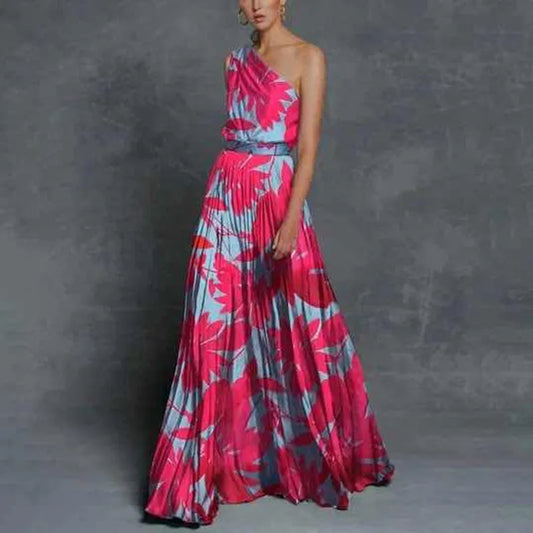 Asymmetrical Pleated Colorblock/Floral One Shoulder Formal Maxi Dress