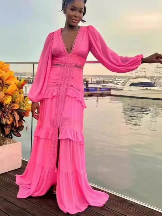 Layered Bohemian Tiered Ruffled Patchwork Design V-Neck Long Puff Sleeve High Slit Maxi Dress