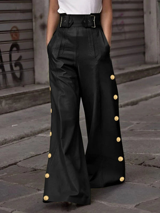 Faux Leather Button Leg Design Loose Pleated Streetwear High Waist Wide Leg Women's Trouser Pants