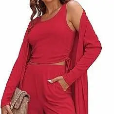 Ruched Drawstring Women's Sleeveless Cami Tank Top + Open Maxi Cardigan + Elastic Waist Leggings Solid Color 3-Piece Set