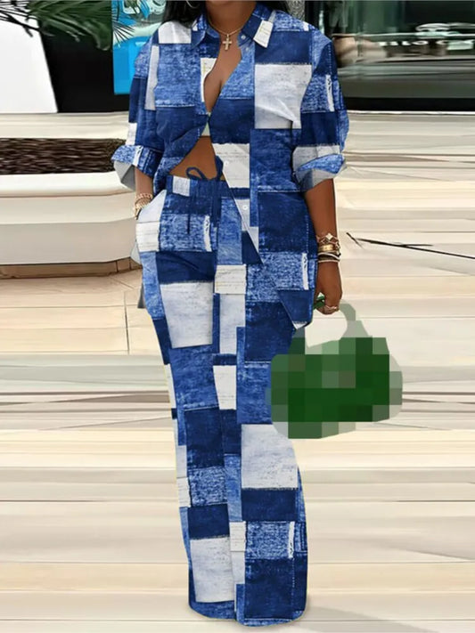 Colorblock Checker/Solid/Striped/Faux Denim Plaid Turn-Down Collar Blouse + Drawstring Women's Pants 2-Piece Set