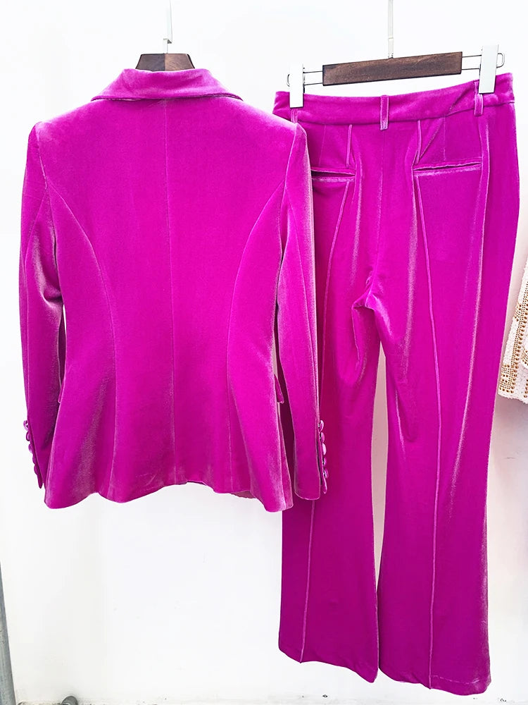 Velvet Solid Color Designer Runway Women's Single Button Lapel Blazer Jacket + Flared Pants Business Suit