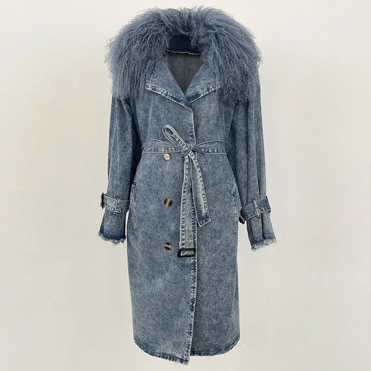 Denim Hip-Hop Button Design Shaggy Mongolian Fur Collar Double Breasted Women's Sash Belted Jean Trenchcoat