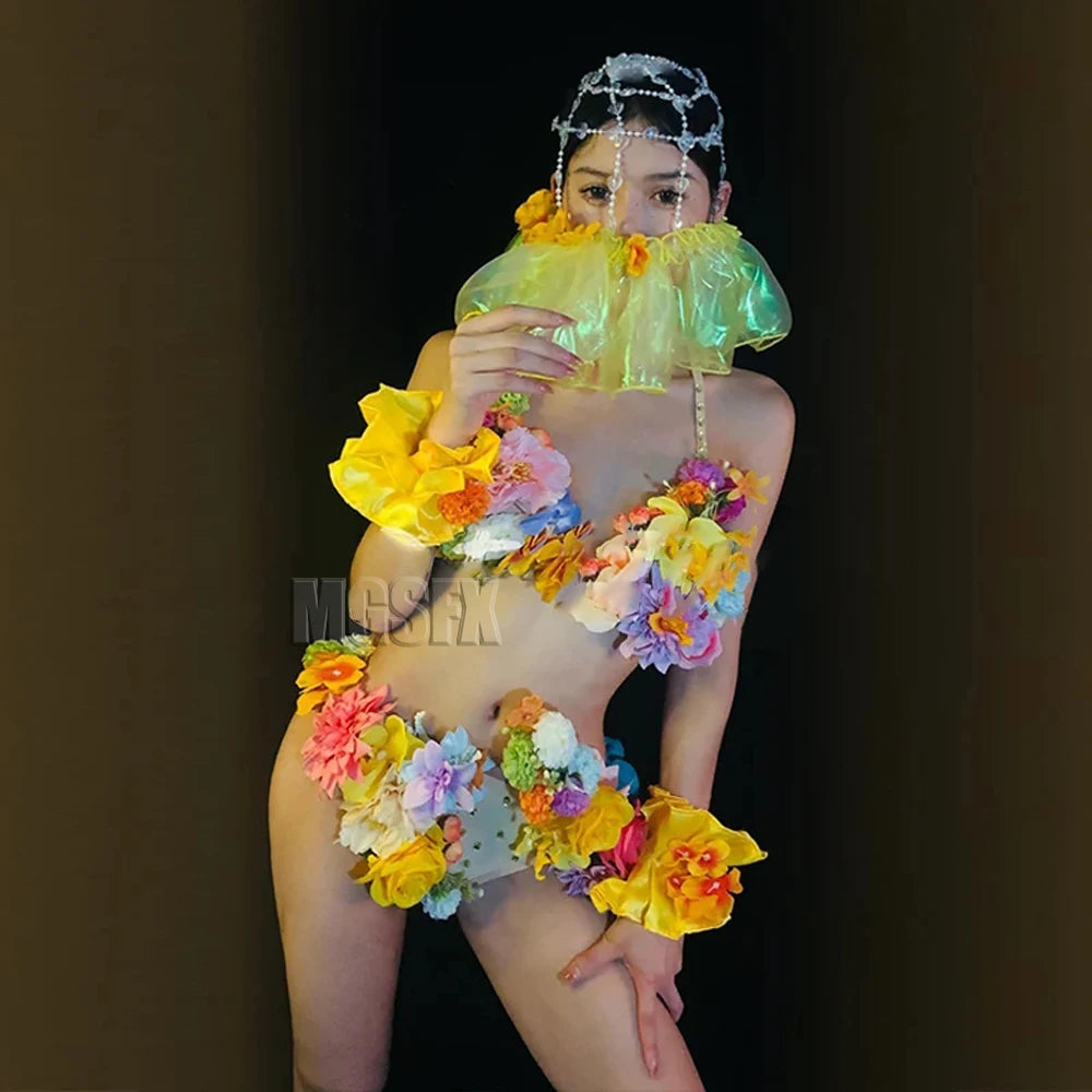 Rhinestone Bright Rainbow Embroidered Flower Bikini Costume