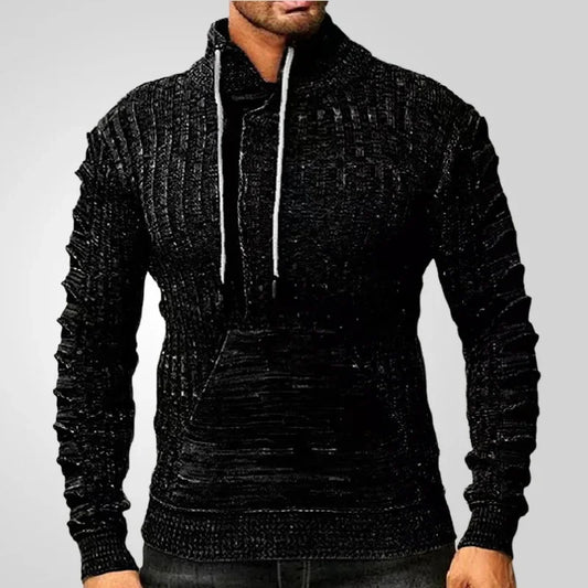 Men's Colorblock Wool Hip-Hop Patchwork Letter Print Drawstring High Neck Long Sleeve Knitted Pullover Pocketed Hoodie Sweater