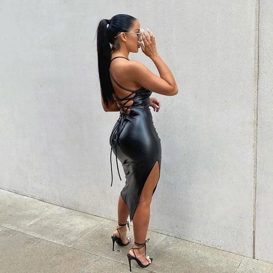 Faux Leather Criss-Cross Lace-Up Design Design Spaghetti Strap High Slit Skinny Party/Club Dress