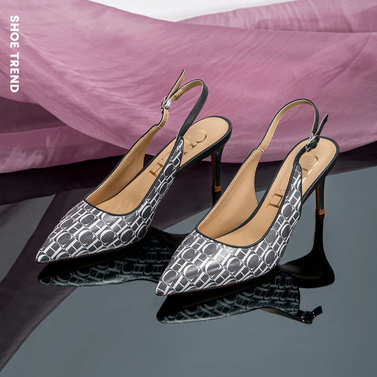 Monogram Letter Print Women's Slingback Buckle Strap Pumps