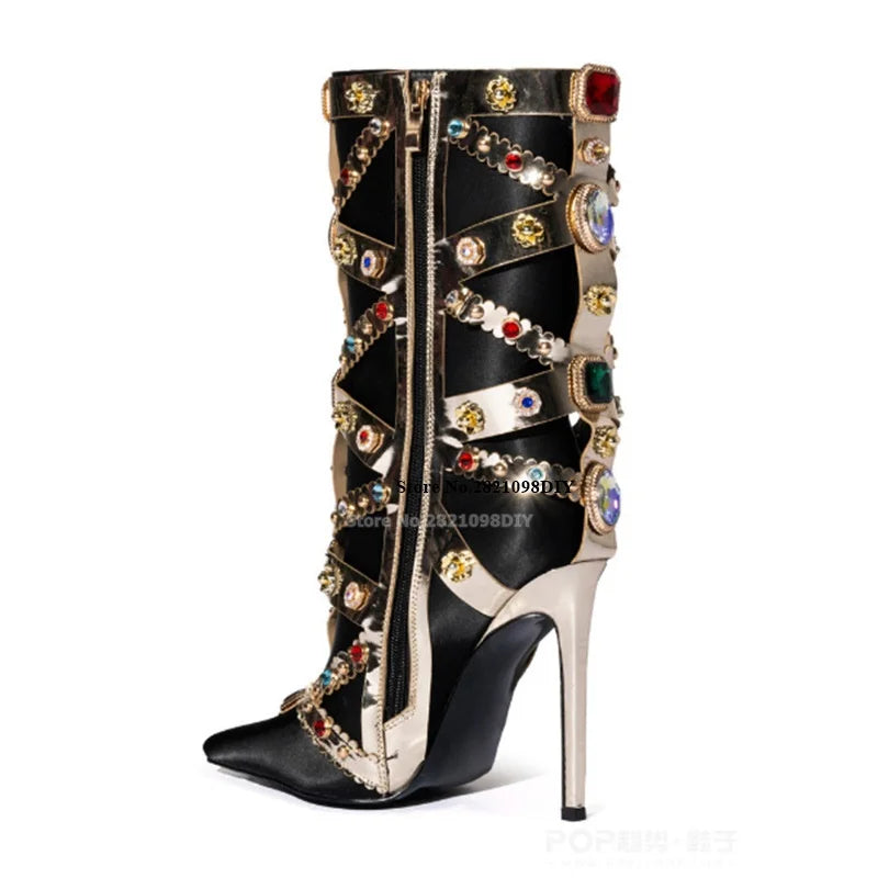 Satin Women's Rhinestone Gem Gold Metal Heel/Strap Design Stiletto Heel Pointed Toe Side Zipper Ankle Boots