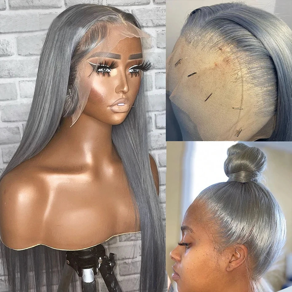 Silver Grey 100% Human Hair Lacefront Body Wave/Straight 13x4 HD Transparent 150%-180% Density Pre-Plucked Wigs