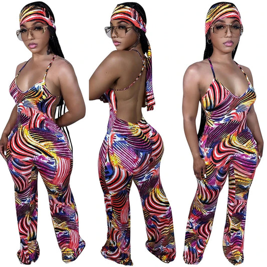 Rainbow Tropical Swirl Print Spaghetti Strap Backless Women's V-Neck Jumpsuit w/ Matching Headband