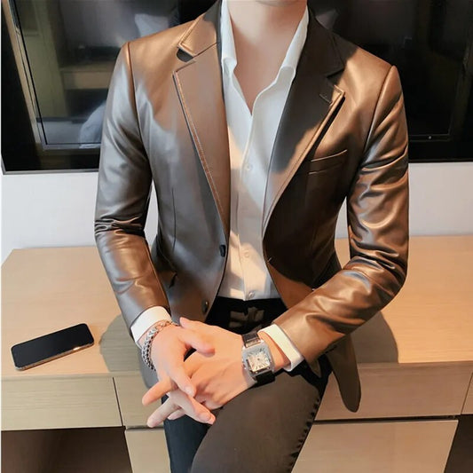 Men's Leather Single Breasted Slim Fit Leather Blazer Jacket