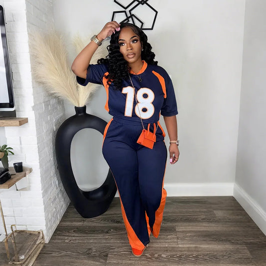Blue/Orange Women's Number Print Short Sleeve O-Neck Jersey Top + Colorblock Wide Leg Pants 2-Piece Sets