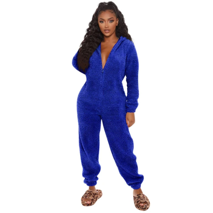 Faux Fur Fleece Women's Onesie Zipper Hoodie Teddy Jumpsuit