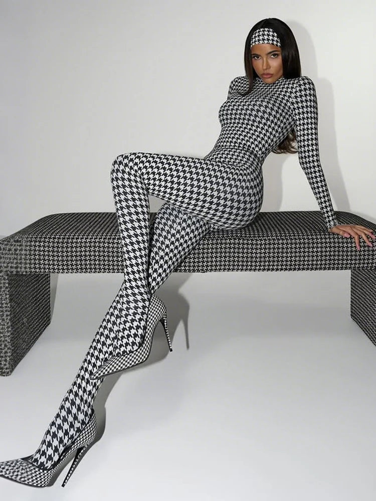 Turtleneck Houndstooth/Snakeskin Print O-Neck Long Sleeve Stretch Skinny Women's Streetwear Jumpsuit