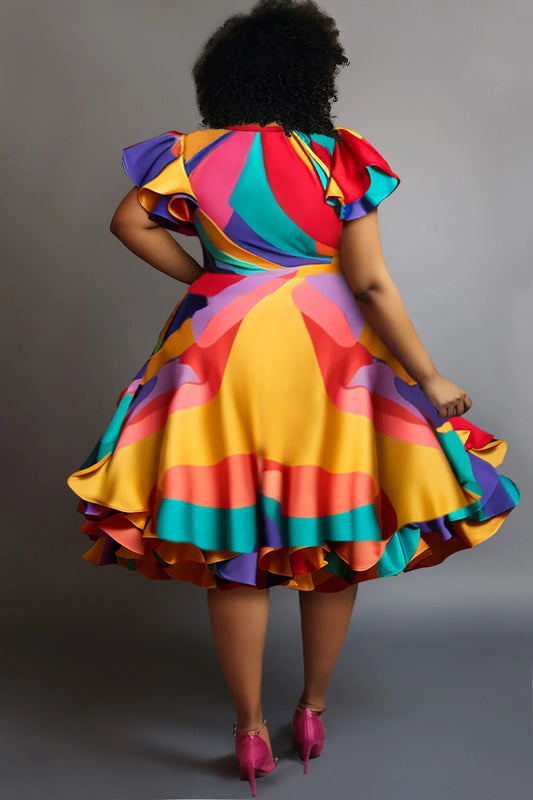 Rainbow Geometric Satin Multi-Colored Ruffled Flared Hem Pleated A-Line Round Neck Short Petal Sleeve Midi Dress to 5X Plus Size