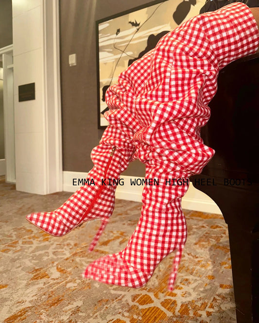 Ruched Red/White Plaid Checker Print Thigh High Pleated Women's Stiletto Heel Boots