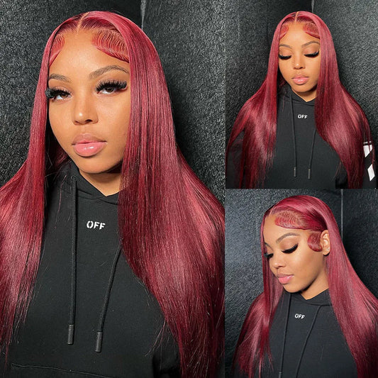 13x6 99J Red Burgundy Colored Burgundy HD Transparent Lacefront 100% Human Hair Pre-Plucked Wigs