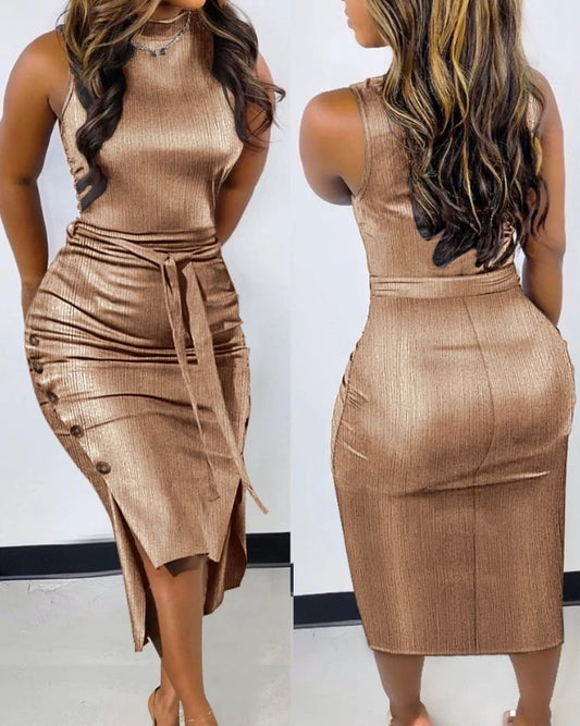 Metallic Ruched Button Detail Sleeveless Solid Color O-Neck Party Dress w/ Sash Belt