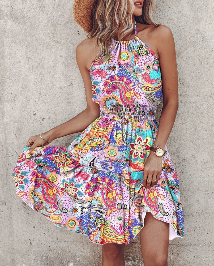 Irregular Geometric/Floral/Paisley/Tropical Print Backless Sleeveless Mini Dress