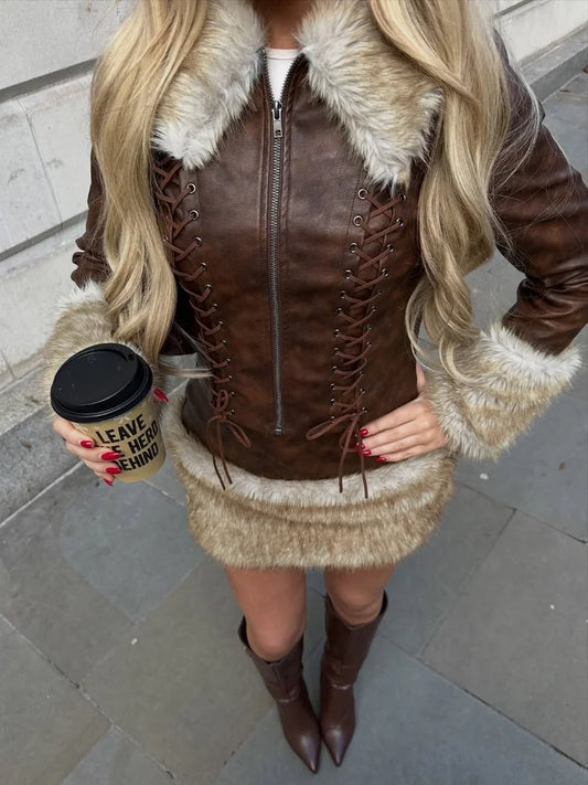Brown PU Leather Faux Fur Collar Women's Patchwork Zipper Cropped Jacket