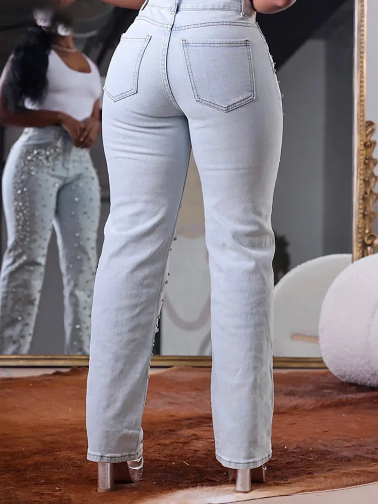 Beaded Studded High Waist Slim Denim Vintage Streetwear Straight Jeans to 5X Plus Size