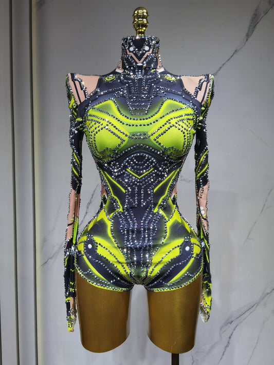 Sparkling Rhinestone Hollow-Out Long Sleeve Stage Formal Stage Performance Skin Tight Bodysuit